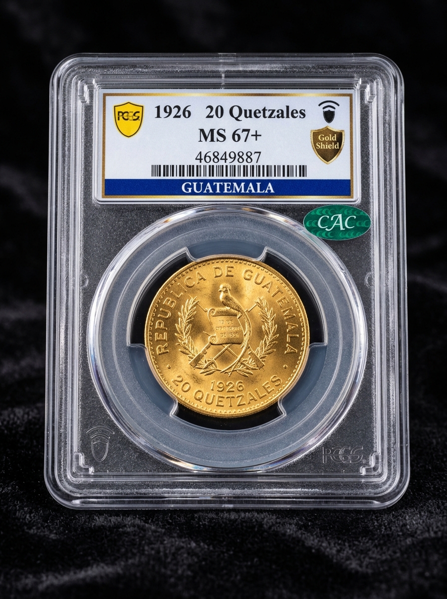 Fotografía Macro de la Moneda de 20 Quetzales de Oro de 1926 en Cápsula PCGS